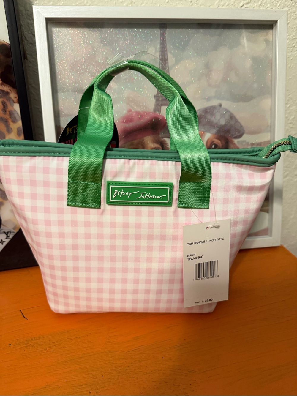 Betsey Johnson Pink Gingham Lunch Tote with Green Handles NWT